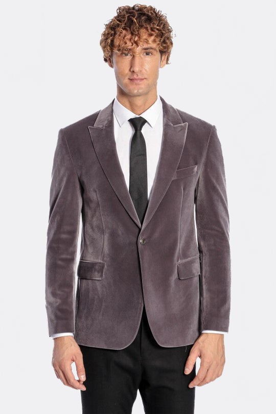Men’s Grey Velvet Slim Fit Wide Peak Lapel Blazer