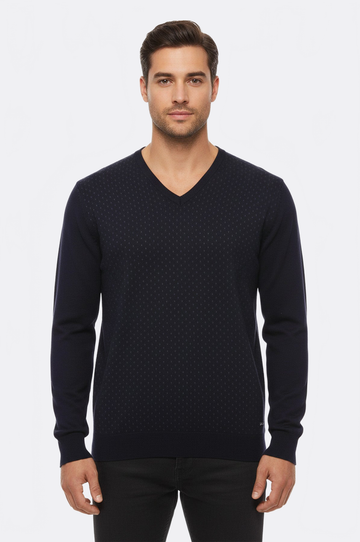 Navy Blue Slim Fit Dot Patterned V-Neck Sweater – Wessi