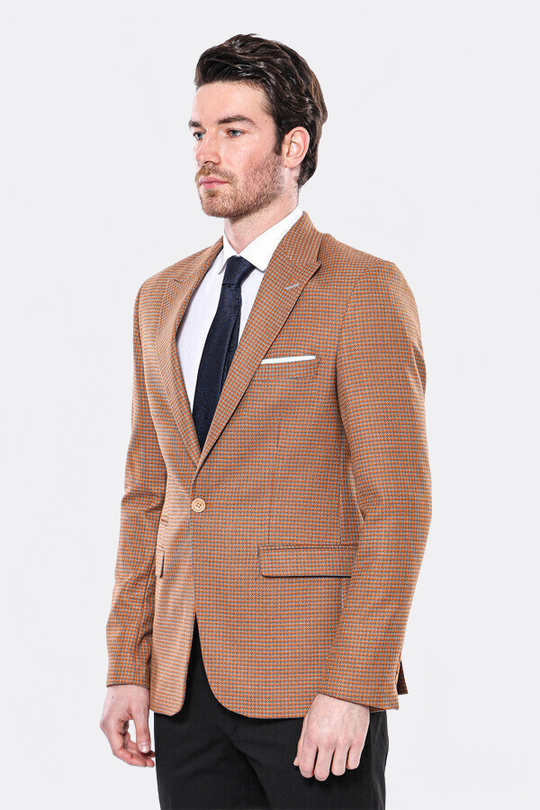 Men’s Orange Micro-Check Slim Fit Peak Lapel Sport Blazer