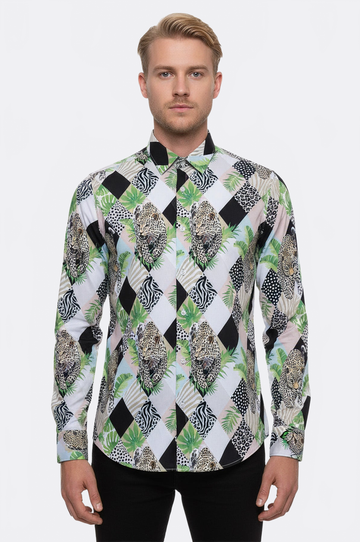 Men's White Slim Fit Multicolour Leopard Print Shirt | Wessi