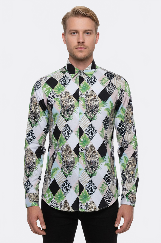 Men's White Slim Fit Multicolour Leopard Print Shirt | Wessi