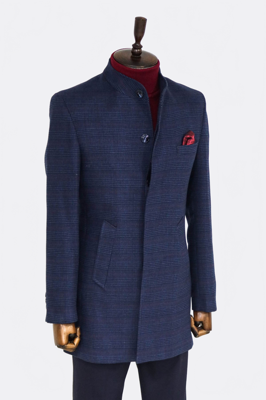 Navy Blue Check Slim Fit Stand-Up Collar Hidden Button Coat – Wessi