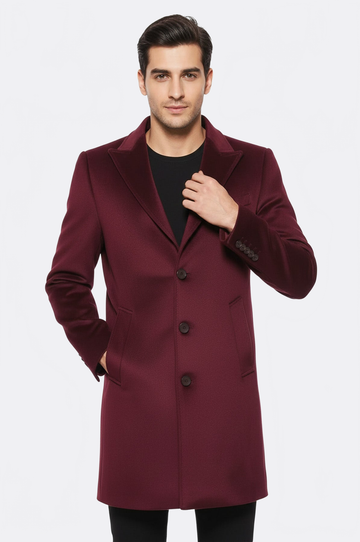 Burgundy Slim Fit Peak Wide Lapel Long Coat – Wessi