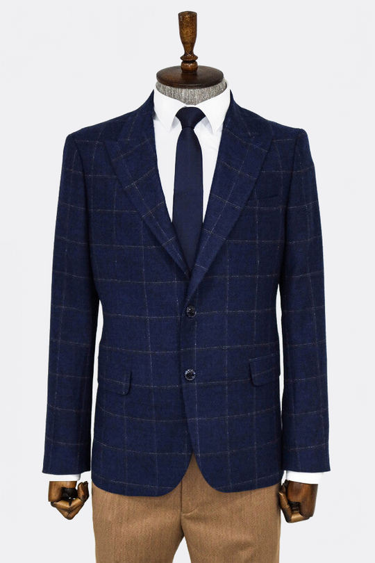 Men’s Navy Blue Windowpane Plaid Wool Blend Slim Fit Notch Lapel Blazer