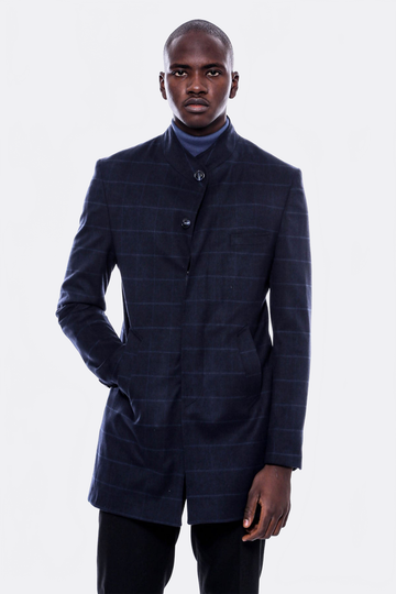 Navy Check Slim Fit Mandarin Collar Long Coat – Wessi