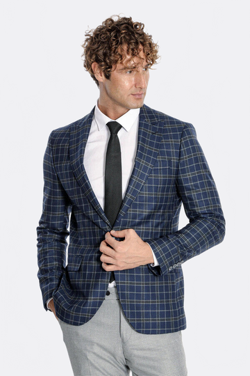 Men’s Midnight Navy Windowpane Check Slim Fit Notch Lapel Sport Blazer