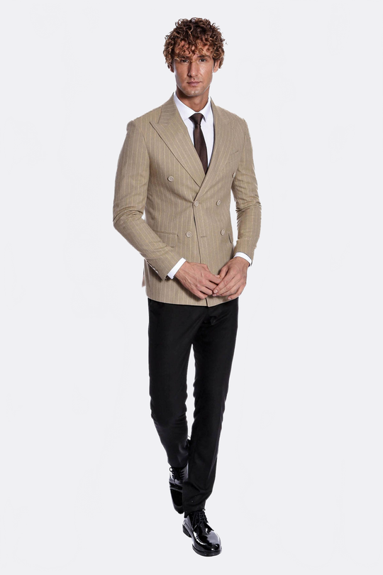 Men’s Sand Beige Pinstripe Slim Fit Double-Breasted Peak Lapel Blazer