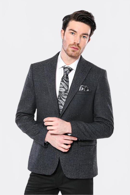 Men’s Dark Grey Textured Slim Fit Peak Lapel Blazer