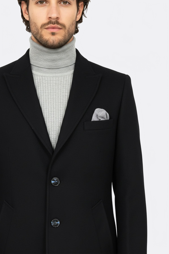 Charcoal Slim Fit Peak Wide Lapel Wool-Rich Long Coat – Wessi