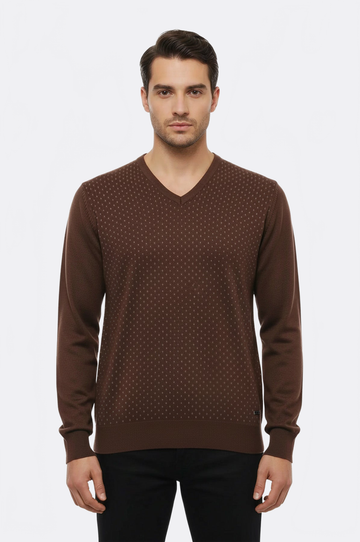 Light Brown Slim Fit Dot Patterned V-Neck Sweater – Wessi