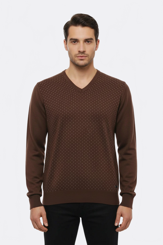 Light Brown Slim Fit Dot Patterned V-Neck Sweater – Wessi