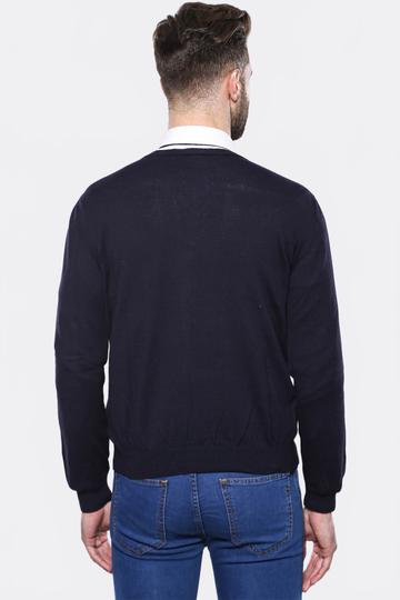 Navy Blue Slim Fit V-Neck Cotton Knit Jumper – Wessi