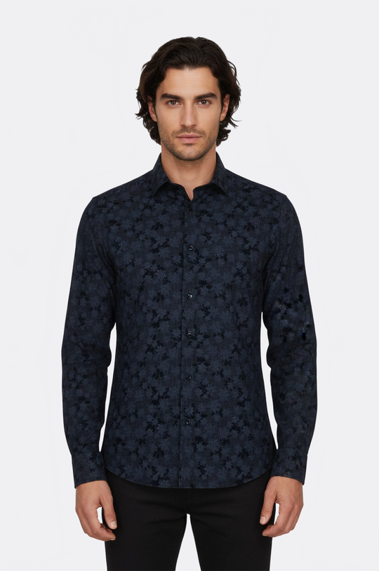 Men's Navy Blue Slim Fit Floral Bloom Patterned Shirt | Wessi