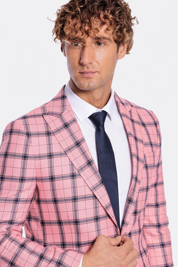 Men’s Pink & Navy Plaid Slim Fit Notch Lapel Sport Blazer