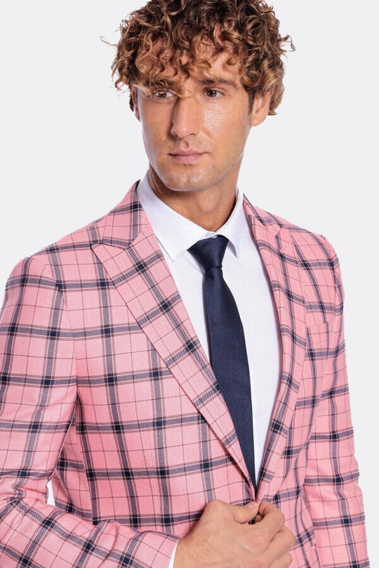 Men’s Pink & Navy Plaid Slim Fit Notch Lapel Sport Blazer