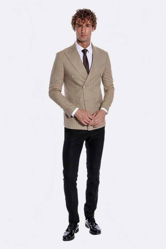 Men’s Sand Beige Pinstripe Slim Fit Double-Breasted Peak Lapel Blazer