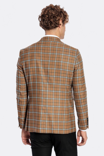 Men’s Toffee Brown & Blue Windowpane Check Slim Fit Notch Lapel Sport Blazer