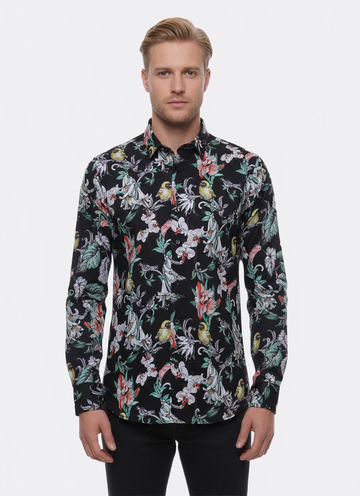 Men's Black Slim Fit Floral & Bird Patterned Shirt | Wessi