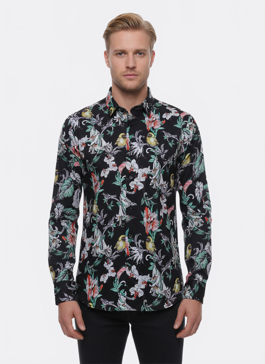 Men's Black Slim Fit Floral & Bird Patterned Shirt | Wessi