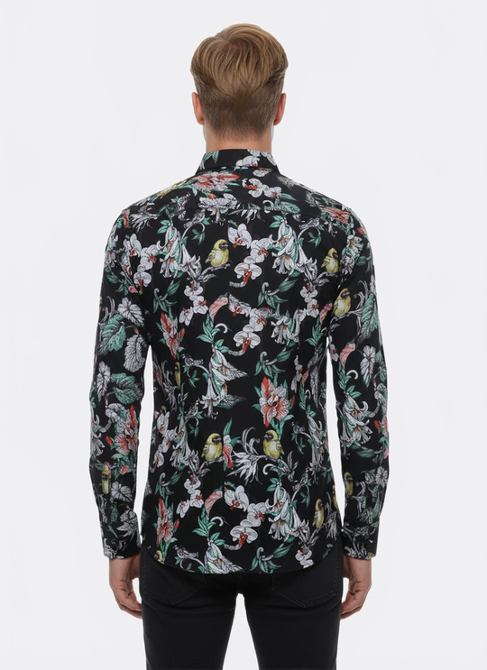 Men's Black Slim Fit Floral & Bird Patterned Shirt | Wessi