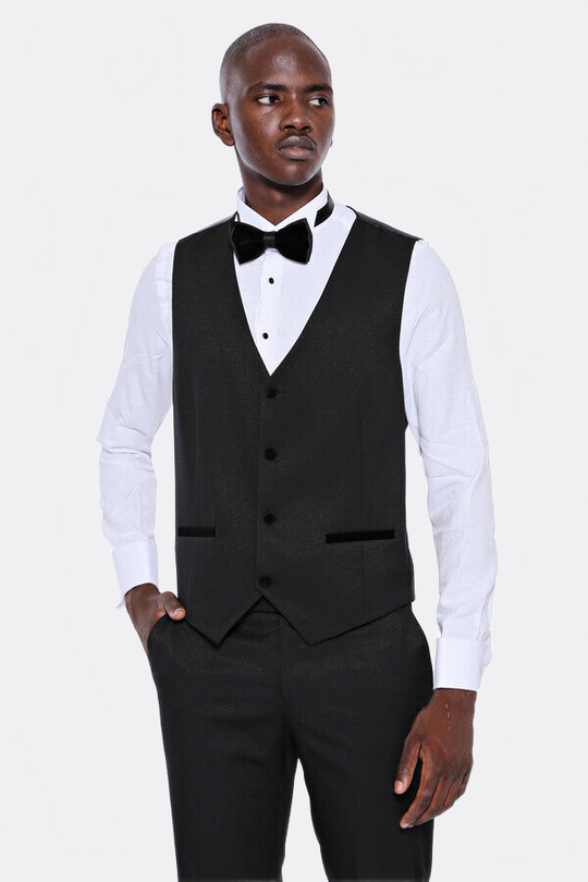 Men's Obsidian Black Micro-Patterned 3-Piece Slim Fit Tuxedo with Velvet Lapel