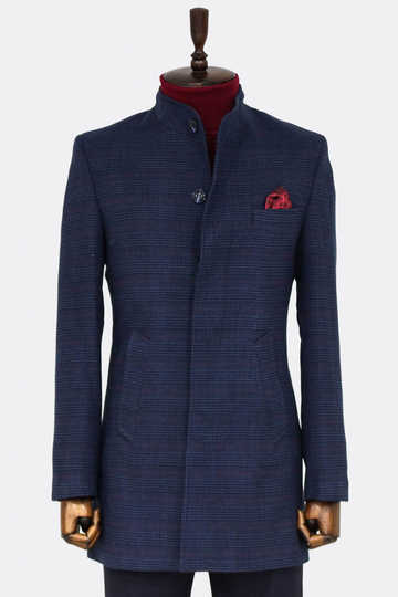 Navy Blue Check Slim Fit Stand-Up Collar Hidden Button Coat – Wessi