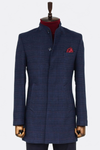 Navy Blue Check Slim Fit Stand-Up Collar Hidden Button Coat – Wessi