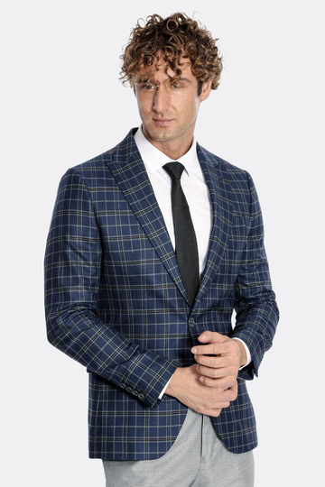 Men’s Midnight Navy Windowpane Check Slim Fit Notch Lapel Sport Blazer