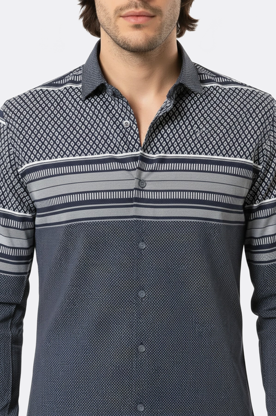 Men's Navy Blue Patterned Slim Fit Short Sleeve Shirt | Wessi