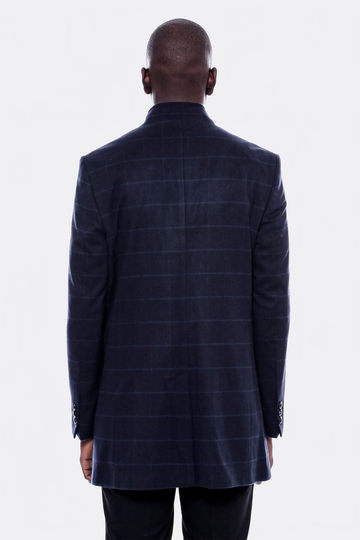 Navy Check Slim Fit Mandarin Collar Long Coat – Wessi