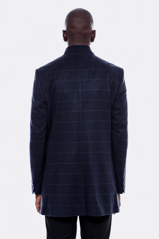Navy Check Slim Fit Mandarin Collar Long Coat – Wessi