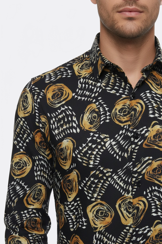 Men's Black Slim Fit Floral Patterned Cotton Shirt | Wessi