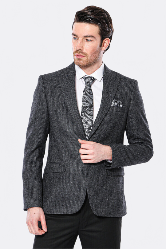 Men’s Dark Grey Textured Slim Fit Peak Lapel Blazer
