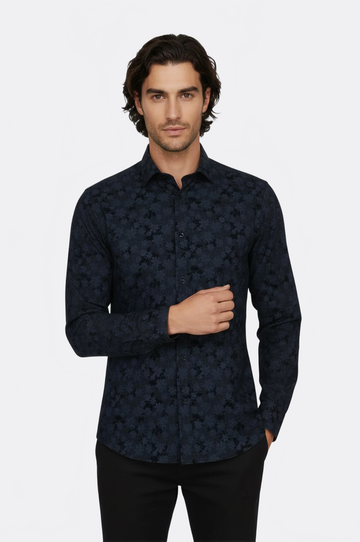 Men's Navy Blue Slim Fit Floral Bloom Patterned Shirt | Wessi