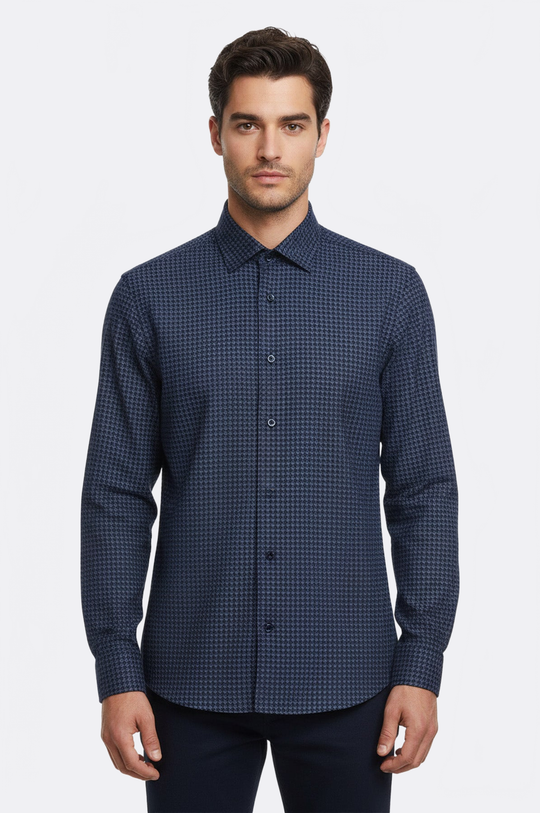 Men's Navy Blue Slim Fit Patterned Cotton Shirt | Wessi