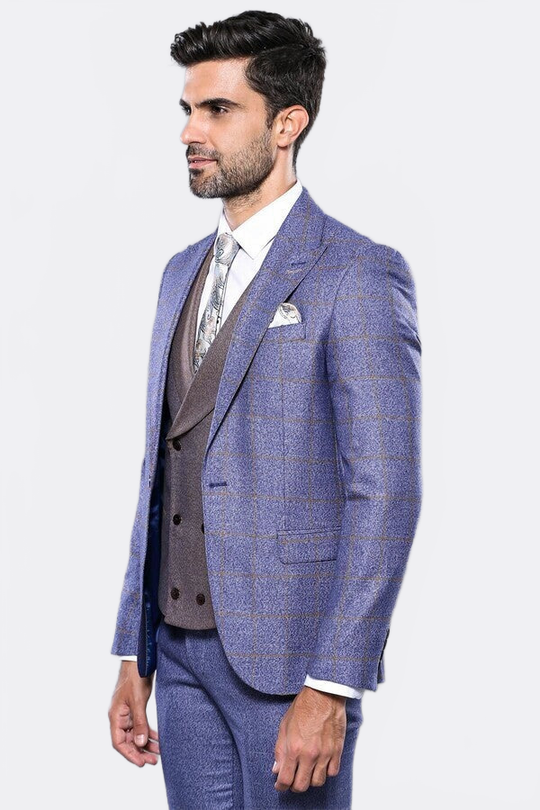 Men's Indigo Blue Windowpane Check 3-Piece Slim Fit Combination Suit