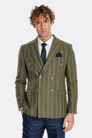 Men’s Forest Green Striped Slim Fit Double Breasted Peak Lapel Blazer