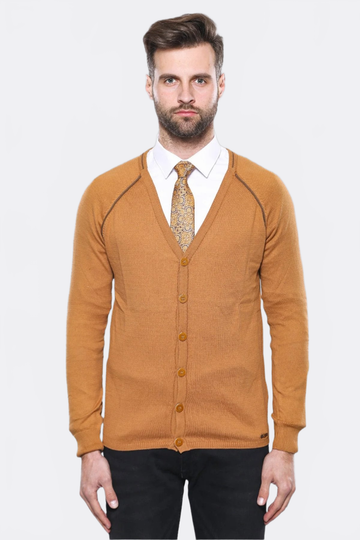 Tan Slim Fit V-Neck Button Cardigan – Wessi