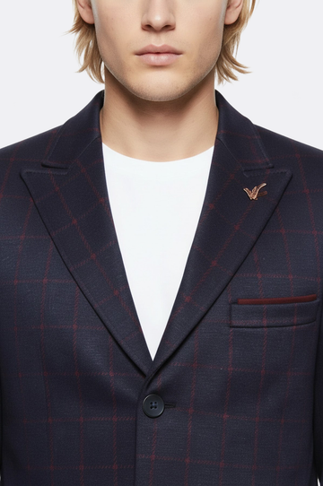 Navy Blue Red Plaid Slim Fit Peak Lapel Long Coat – Wessi