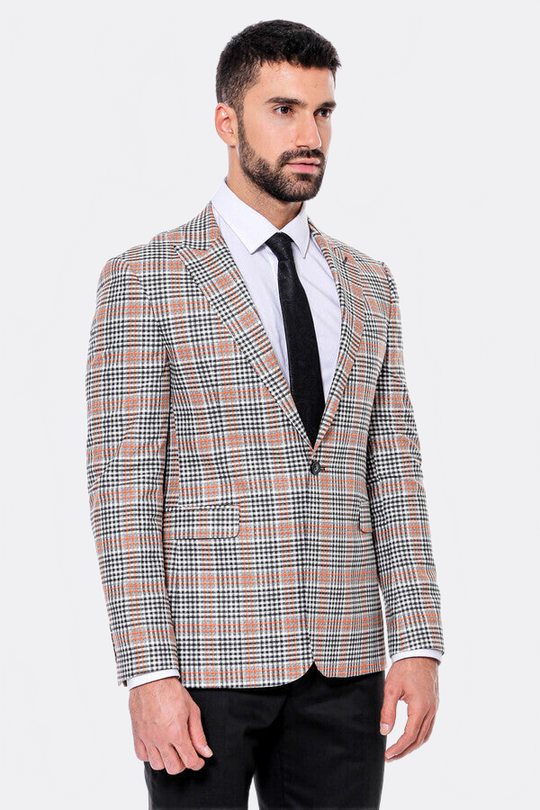 Men’s Orange & Black Glen Plaid Slim Fit Notch Lapel Sport Blazer