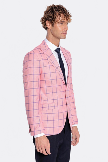 Men’s Pink & Navy Windowpane Check Slim Fit Notch Lapel Sport Blazer