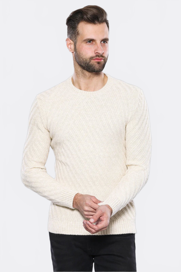 Cream Slim Fit Patterned Crew Neck Sweater – Wessi