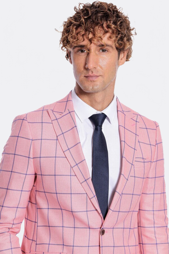 Men’s Pink & Navy Windowpane Check Slim Fit Notch Lapel Sport Blazer