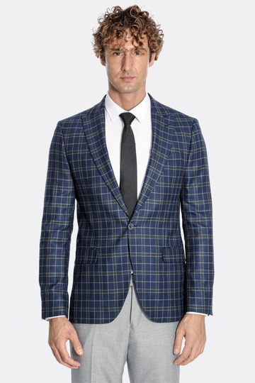Men’s Midnight Navy Windowpane Check Slim Fit Notch Lapel Sport Blazer