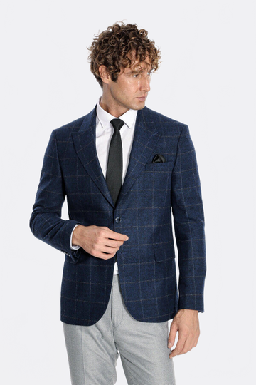 Men’s Navy Blue Windowpane Plaid Wool Blend Slim Fit Notch Lapel Blazer