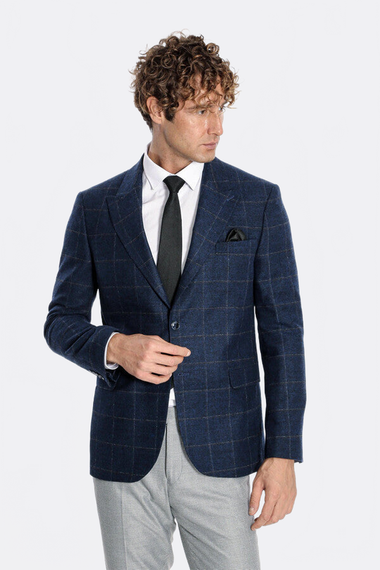 Men’s Navy Blue Windowpane Plaid Wool Blend Slim Fit Notch Lapel Blazer