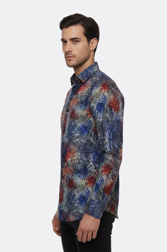 Men's Navy Blue Slim Fit Red Leaf Print Shirt | Wessi