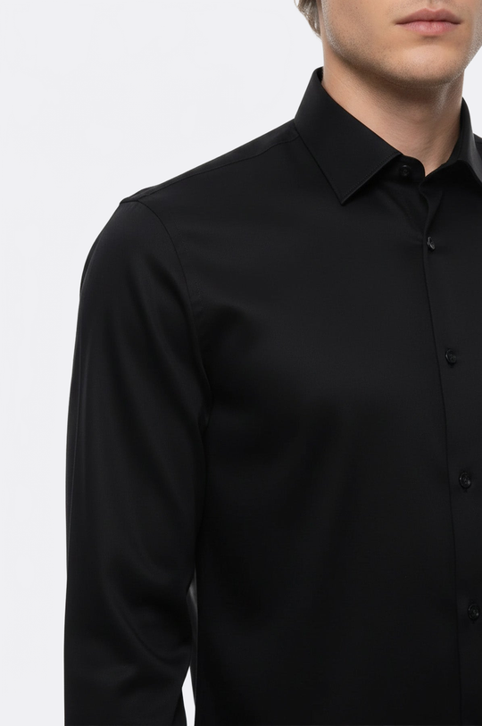 Plain Black Satin Cotton Slim Fit Shirt | Wessi