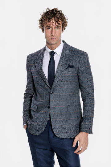 Men’s Midnight Navy Checked Slim Fit Single Breasted Smart-Casual Blazer