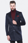 Navy Blue Slim Fit Peak Wide Lapel Long Coat – Wessi